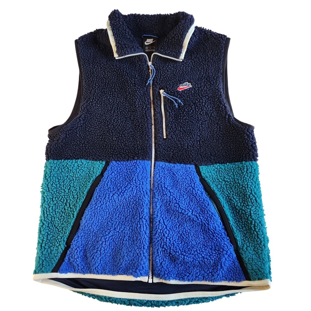 NIKE Heritage Sherpa Fleece Vest Mens Medium Obsidian Royal Blue Navy Teal VTG